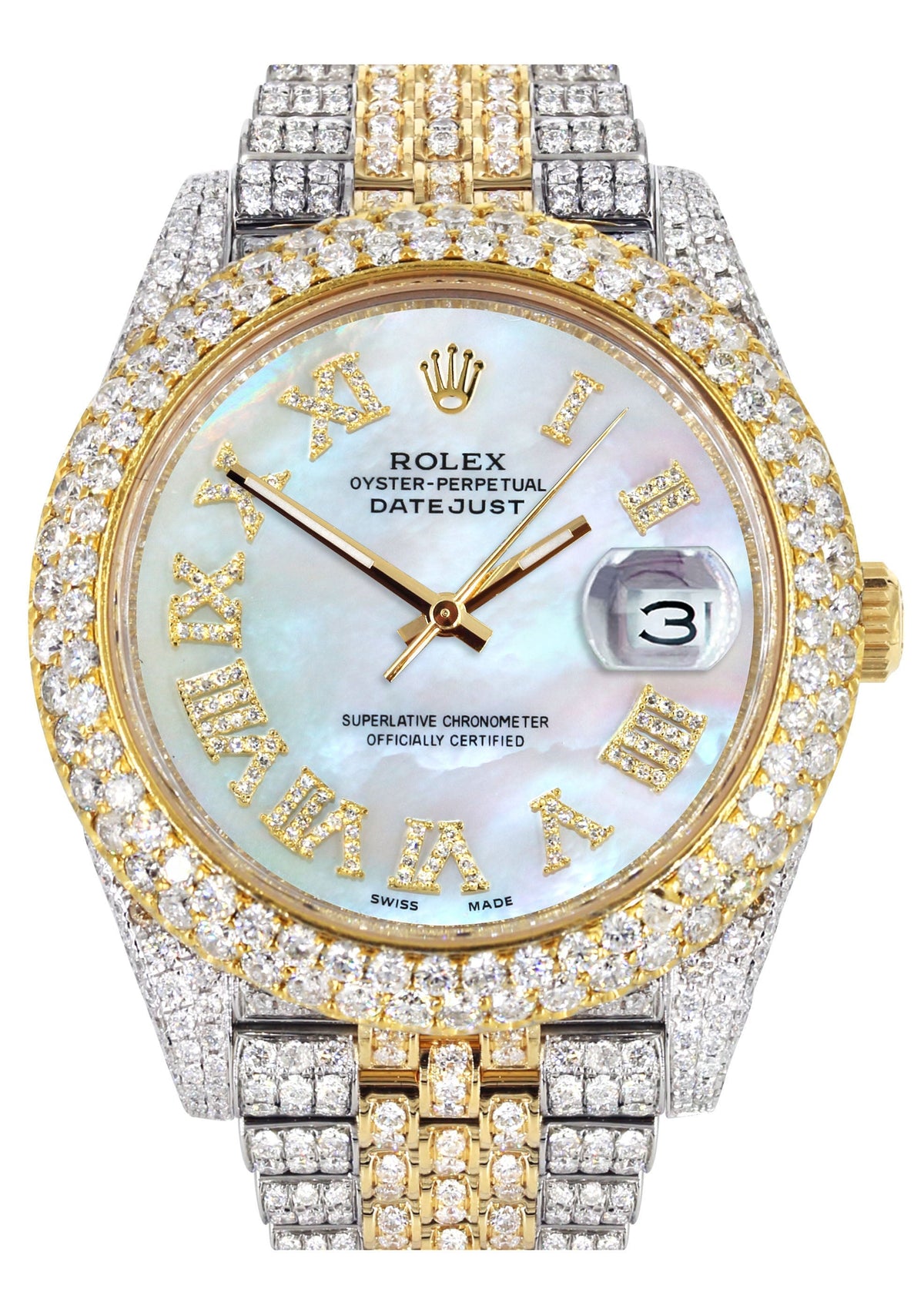 Womens Diamond Iced Out Rolex Datejust 41 | 25 Carats Of Diamonds | Mother Of Pearl Dial | Two Tone | Two Row | Jubilee Band