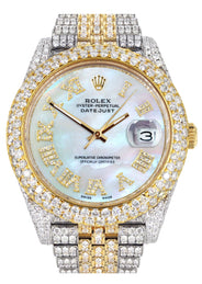 Womens Diamond Iced Out Rolex Datejust 41 | 25 Carats Of Diamonds | Mother Of Pearl Dial | Two Tone | Two Row | Jubilee Band