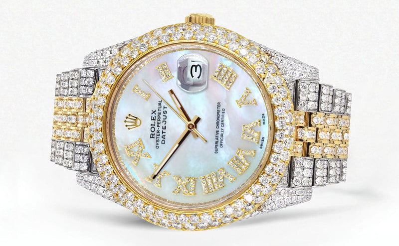 Diamond Iced Out Rolex Datejust 41 | 25 Carats Of Diamonds | Mother Of Pearl Dial | Two Tone | Two Row | Jubilee Band
