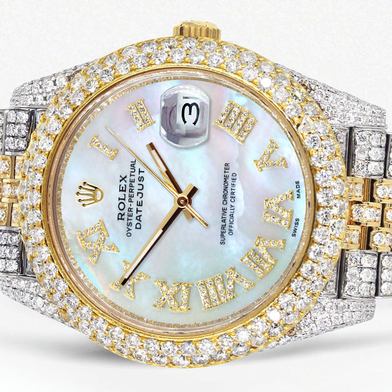 Womens Diamond Iced Out Rolex Datejust 41 | 25 Carats Of Diamonds | Mother Of Pearl Dial | Two Tone | Two Row | Jubilee Band