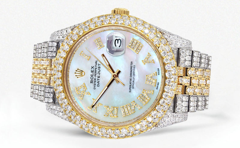 Womens Diamond Iced Out Rolex Datejust 41 | 25 Carats Of Diamonds | Mother Of Pearl Dial | Two Tone | Two Row | Jubilee Band
