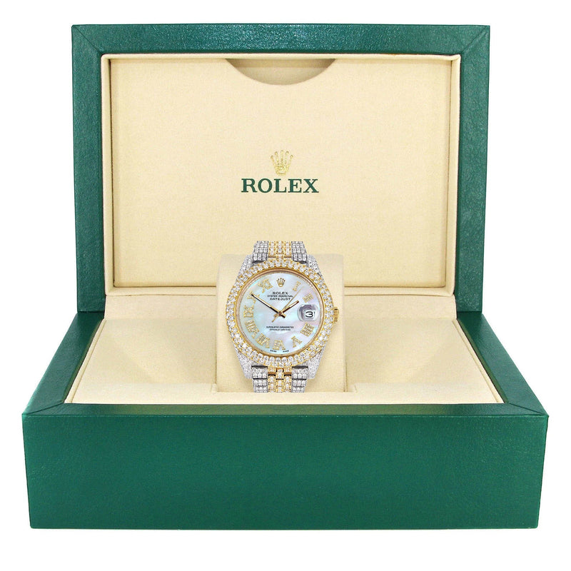 Womens Diamond Iced Out Rolex Datejust 41 | 25 Carats Of Diamonds | Mother Of Pearl Dial | Two Tone | Two Row | Jubilee Band