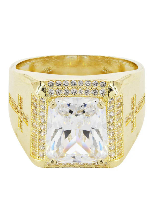 Mens Rock Crystal Ring | 10K Solid Yellow Gold | Style #4
