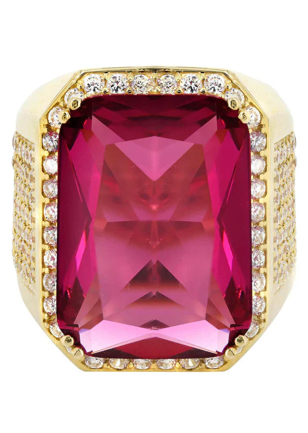 Mens Gold Round Diamond Ruby Pinky Ring | 10K Solid Yellow Gold
