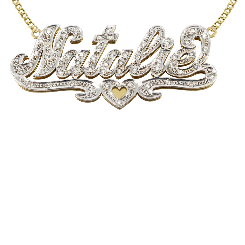 14K Gold  Two Tone  Diamonds Name Plate Necklace | Style #1