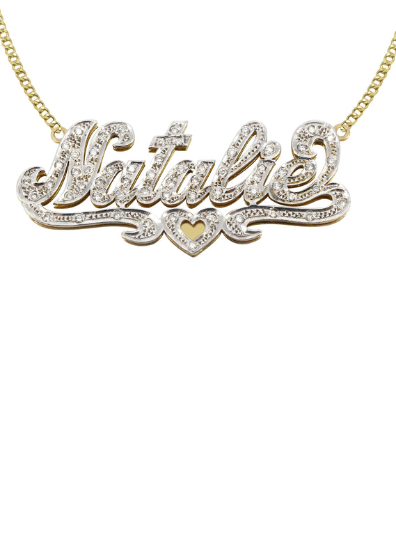 14K Gold  Two Tone  Diamonds Name Plate Necklace | Style #3