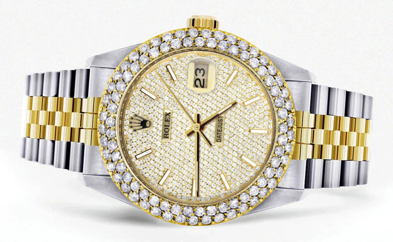 Diamond Gold Rolex Watch For Women 16233 | 36Mm | Full Diamond Dial | Two Row 4.25 Carat Bezel | Jubilee Band