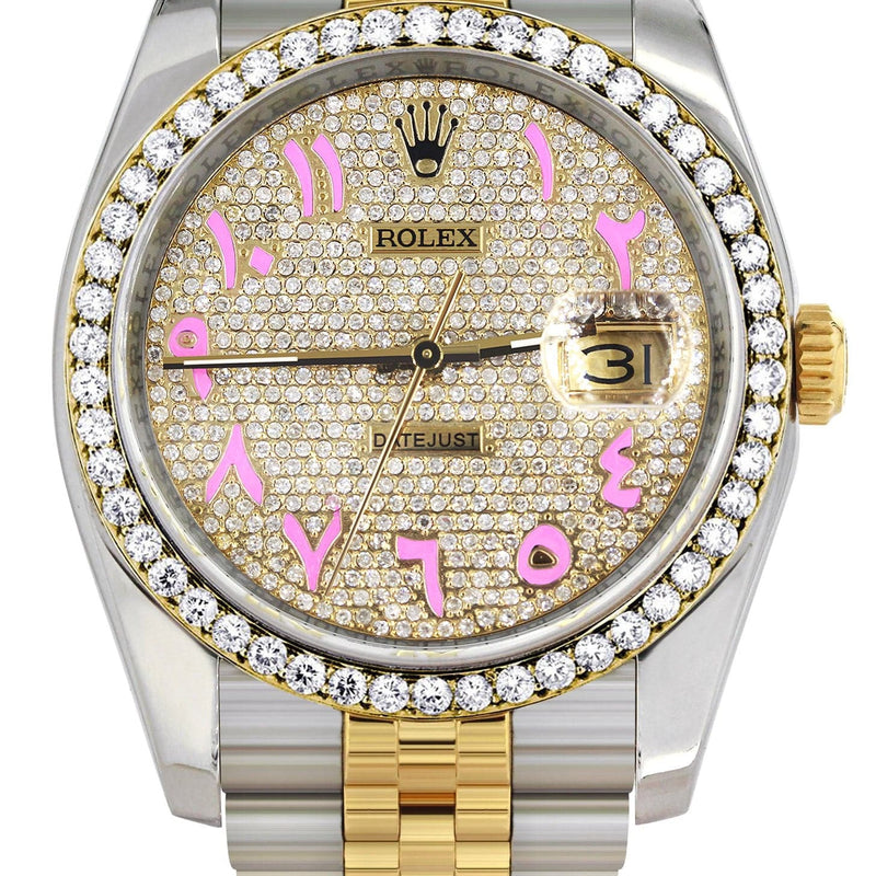 116233 | Hidden Clasp | Diamond Gold Rolex Watch For Men | 36Mm | Custom Pink Arabic Full Diamond Dial | Jubilee Band