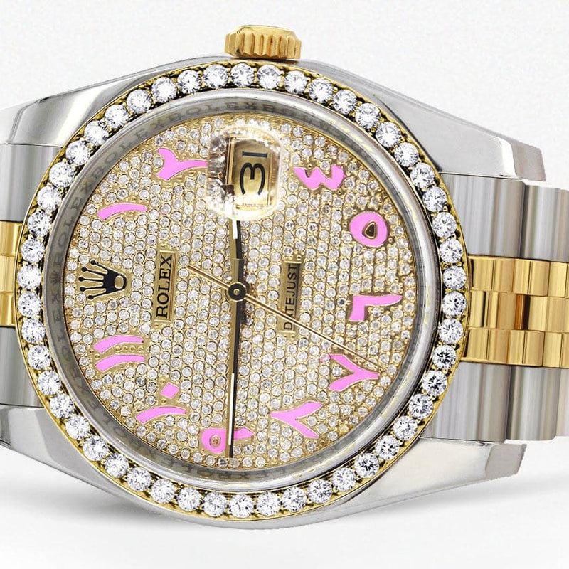 116233 | Hidden Clasp | Diamond Gold Rolex Watch For Men | 36Mm | Custom Pink Arabic Full Diamond Dial | Jubilee Band