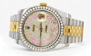 116233 | Hidden Clasp | Diamond Gold Rolex Watch For Men | 36Mm | Custom Pink Arabic Full Diamond Dial | Jubilee Band