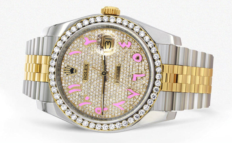 116233 | Hidden Clasp | Diamond Gold Rolex Watch For Men | 36Mm | Custom Pink Arabic Full Diamond Dial | Jubilee Band