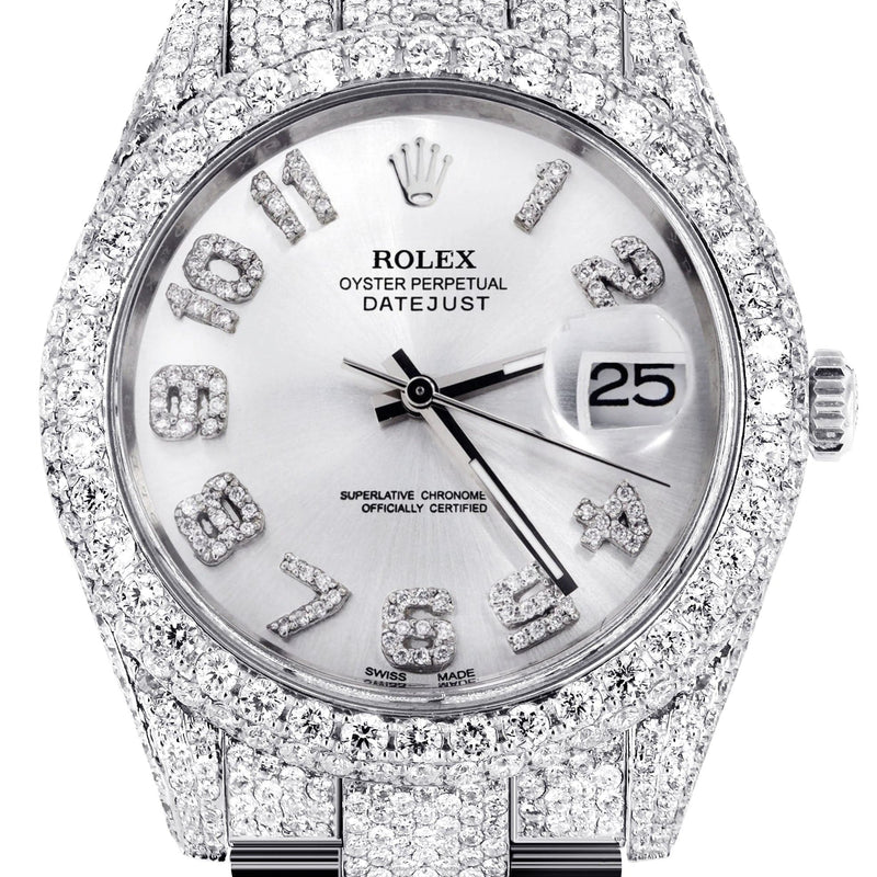 Diamond Iced Out Rolex Datejust 41 | 25 Carats Of Diamonds | Custom Silver Diamond Dial | Two Row | Oyster Band