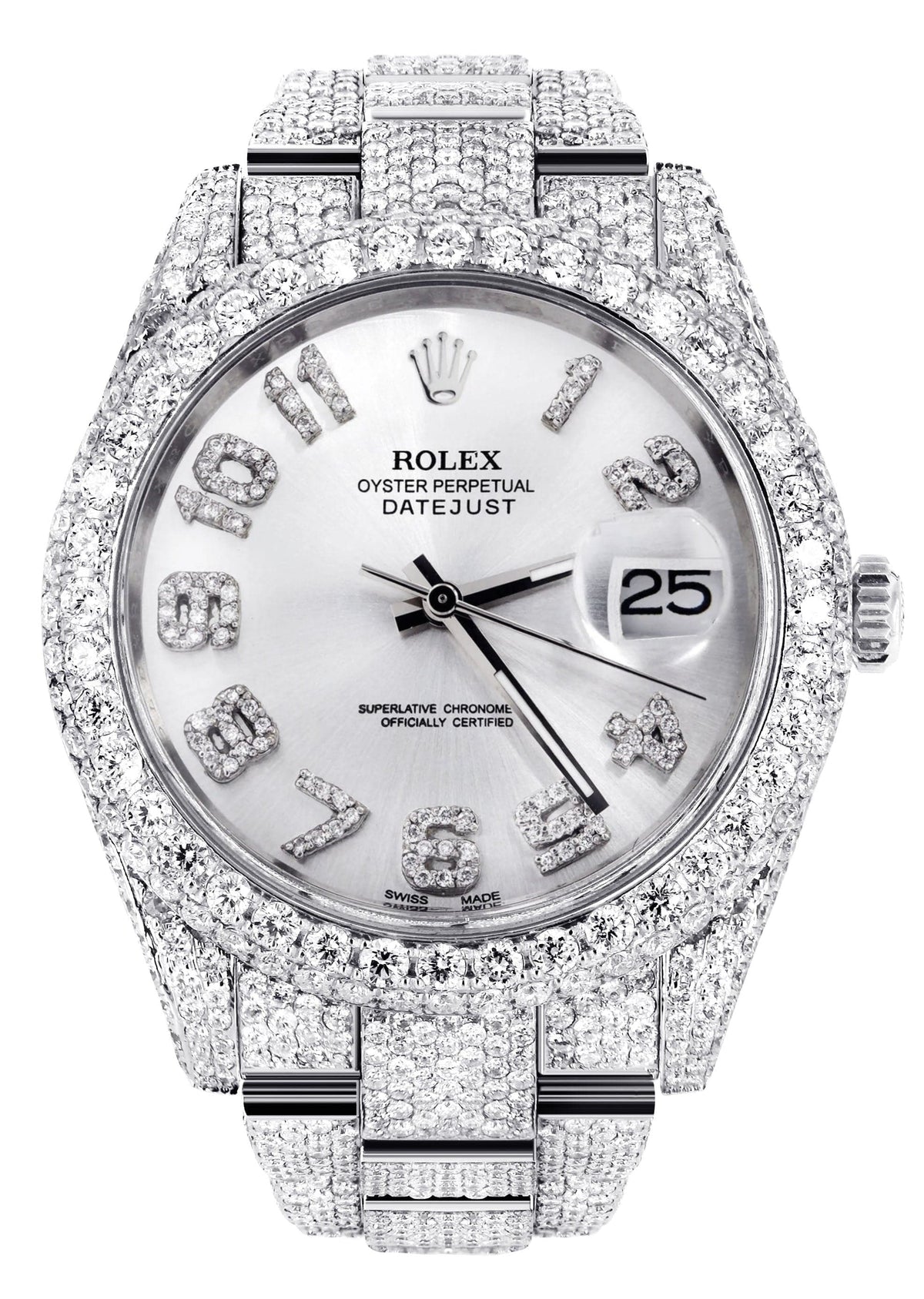 Diamond Iced Out Rolex Datejust 41 | 25 Carats Of Diamonds | Custom Silver Diamond Dial | Two Row | Oyster Band