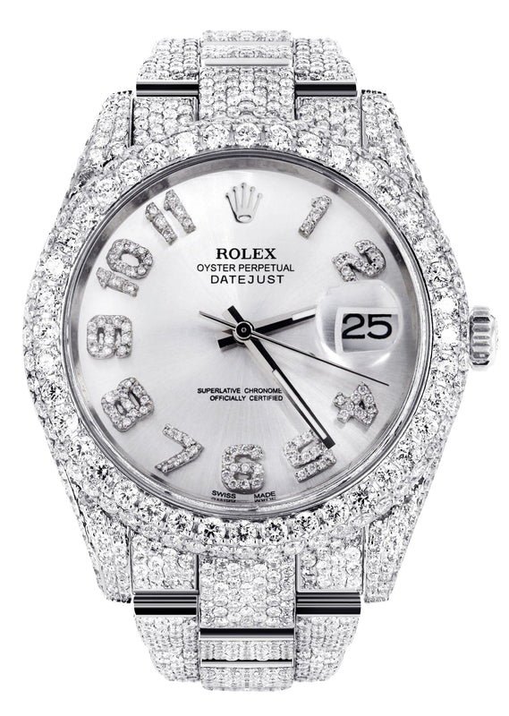 Diamond Iced Out Rolex Datejust 41 | 25 Carats Of Diamonds | Custom Silver Diamond Dial | Two Row | Oyster Band