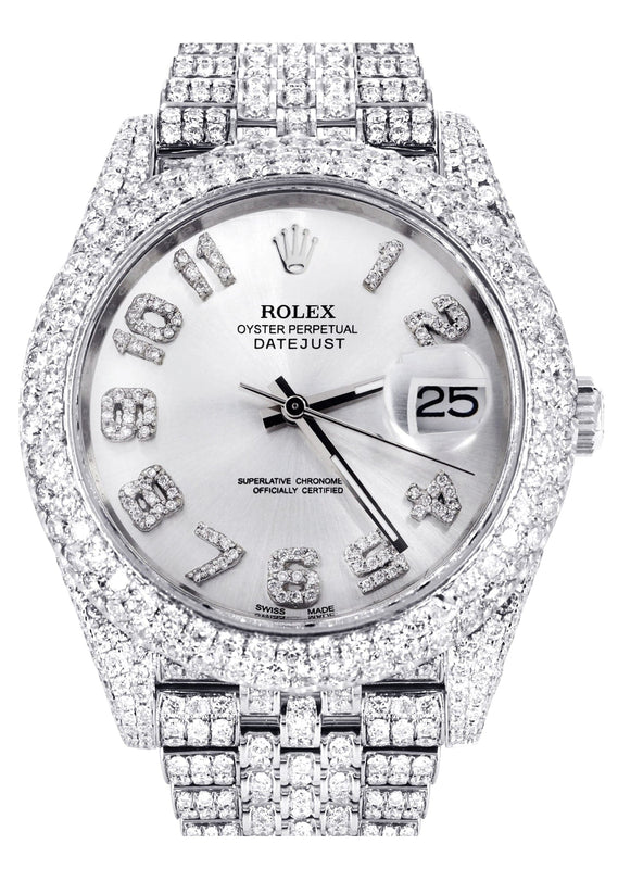 Diamond Iced Out Rolex Datejust 41 | 25 Carats Of Diamonds | Custom Silver Diamond Dial | Two Row | Jubilee Band