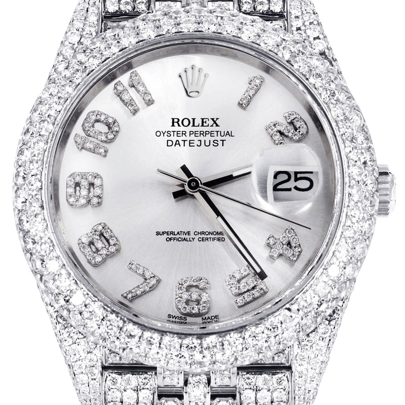 Womens Diamond Iced Out Rolex Datejust 41 | 25 Carats Of Diamonds | Custom Silver Diamond Dial | Two Row | Jubilee Band