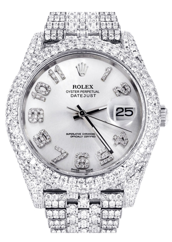 Womens Diamond Iced Out Rolex Datejust 41 | 25 Carats Of Diamonds | Custom Silver Diamond Dial | Two Row | Jubilee Band