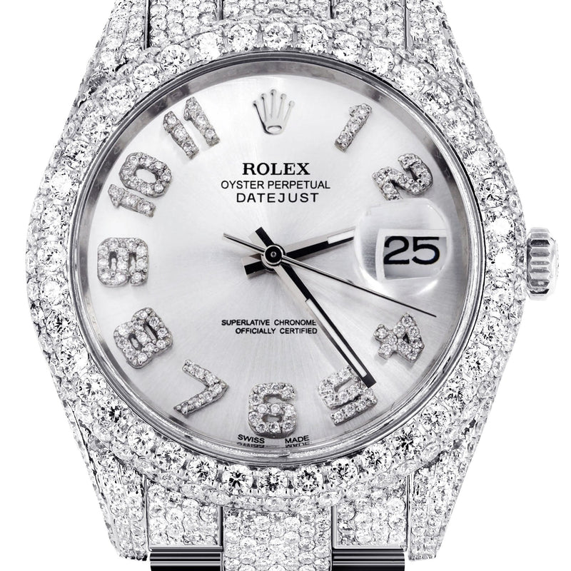 Womens Diamond Iced Out Rolex Datejust 41 | 25 Carats Of Diamonds | Custom Silver Diamond Dial | Two Row | Oyster Band
