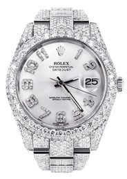 Womens Diamond Iced Out Rolex Datejust 41 | 25 Carats Of Diamonds | Custom Silver Diamond Dial | Two Row | Oyster Band