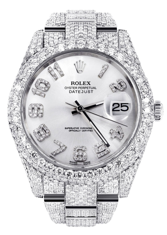 Womens Diamond Iced Out Rolex Datejust 41 | 25 Carats Of Diamonds | Custom Silver Diamond Dial | Two Row | Oyster Band