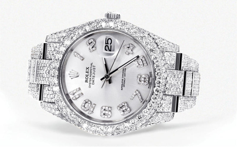 Diamond Iced Out Rolex Datejust 41 | 25 Carats Of Diamonds | Custom Silver Diamond Dial | Two Row | Oyster Band