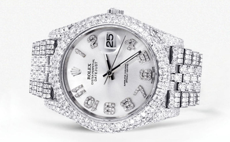 Diamond Iced Out Rolex Datejust 41 | 25 Carats Of Diamonds | Custom Silver Diamond Dial | Two Row | Jubilee Band