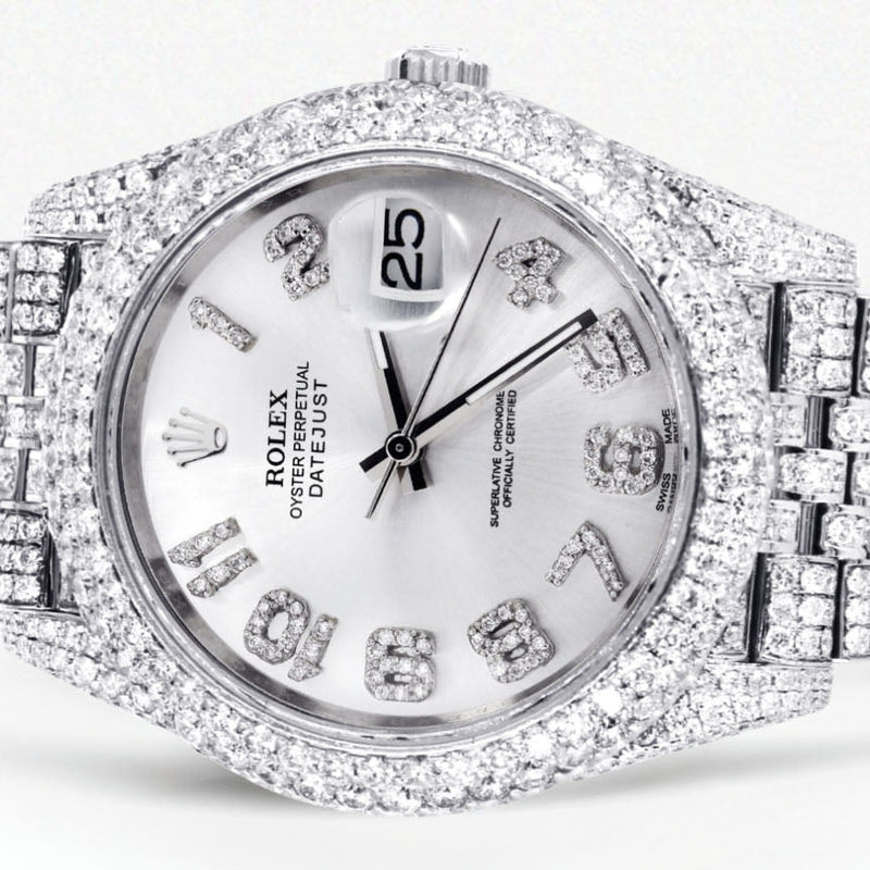 Womens Diamond Iced Out Rolex Datejust 41 | 25 Carats Of Diamonds | Custom Silver Diamond Dial | Two Row | Jubilee Band