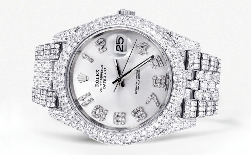 Womens Diamond Iced Out Rolex Datejust 41 | 25 Carats Of Diamonds | Custom Silver Diamond Dial | Two Row | Jubilee Band