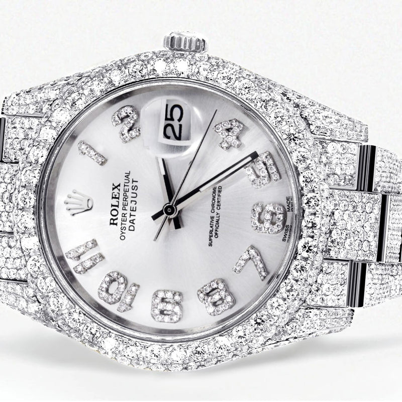 Womens Diamond Iced Out Rolex Datejust 41 | 25 Carats Of Diamonds | Custom Silver Diamond Dial | Two Row | Oyster Band