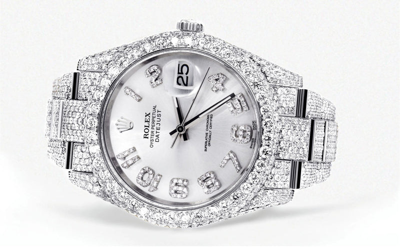 Womens Diamond Iced Out Rolex Datejust 41 | 25 Carats Of Diamonds | Custom Silver Diamond Dial | Two Row | Oyster Band