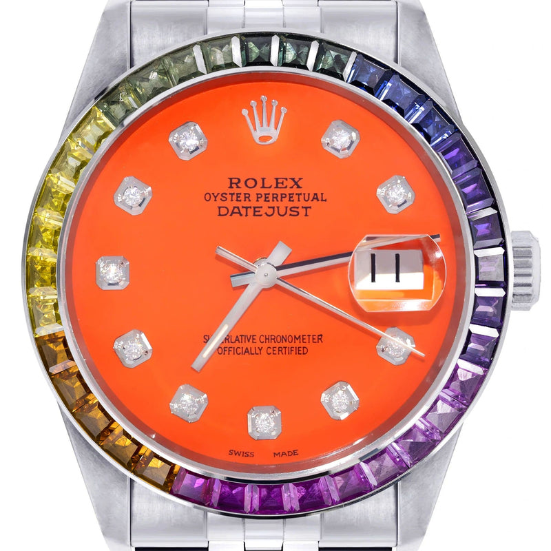 Diamond Gold Rolex Watch For Men 16200 | 36Mm | Rainbow Sapphire Bezel | Orange Dial | Jubilee Band