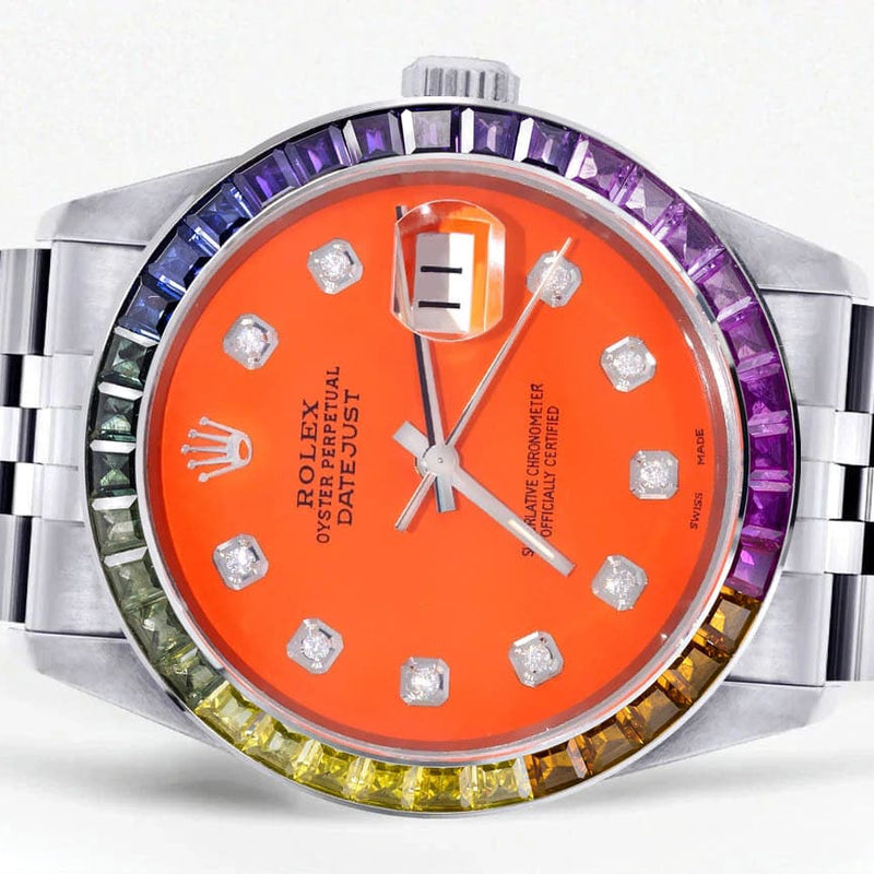 Diamond Gold Rolex Watch For Men 16200 | 36Mm | Rainbow Sapphire Bezel | Orange Dial | Jubilee Band
