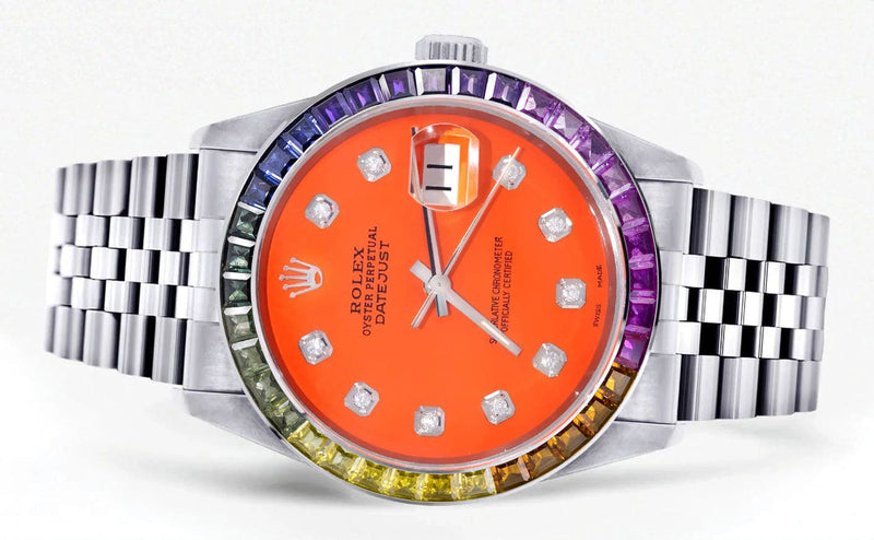 Diamond Gold Rolex Watch For Men 16200 | 36Mm | Rainbow Sapphire Bezel | Orange Dial | Jubilee Band