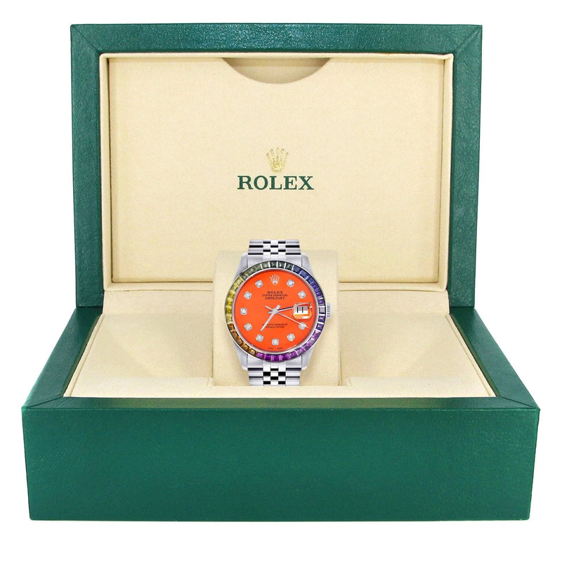 Diamond Gold Rolex Watch For Men 16200 | 36Mm | Rainbow Sapphire Bezel | Orange Dial | Jubilee Band