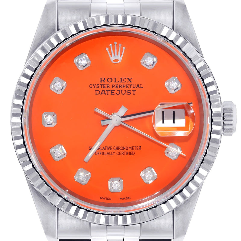 Womens Rolex Datejust Watch 16200 | Fluted Bezel | 36Mm | Orange Dial | Fluted Bezel | Jubilee Band