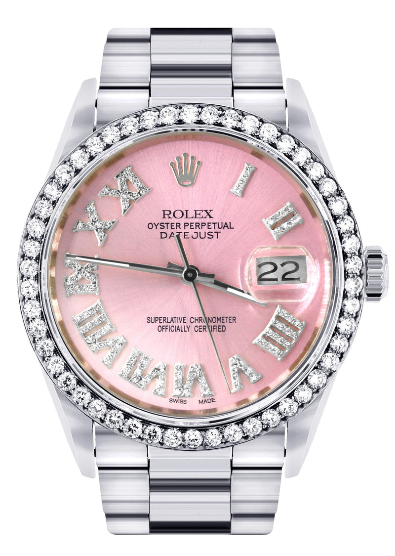 Diamond Mens Rolex Datejust Watch 16200 | 36Mm | Light Pink Roman Numeral Dial | Oyster Band