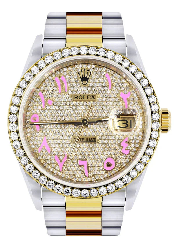 Diamond Gold Rolex Datejust Watch 16233 | 36MM | Pink Arabic Full Diamond Dial | Stainless Steel | Oyster Band