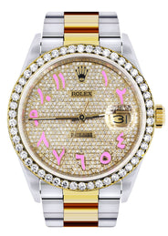 Diamond Gold Rolex Watch For Men 16233 | 36Mm | Custom Pink Arabic Full Diamond Dial | Oyster Band