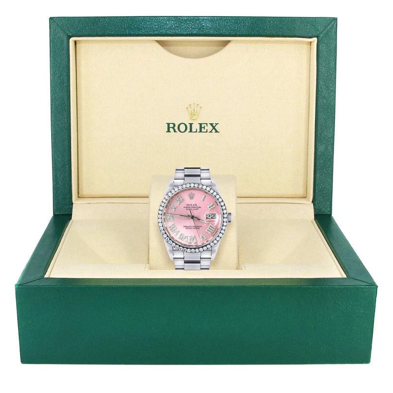 Diamond Mens Rolex Datejust Watch 16200 | 36Mm | Light Pink Roman Numeral Dial | Oyster Band