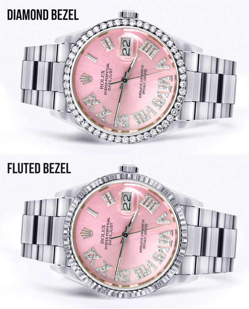 Diamond Mens Rolex Datejust Watch 16200 | 36Mm | Light Pink Roman Numeral Dial | Oyster Band