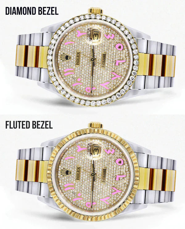 Diamond Gold Rolex Datejust Watch 16233 | 36MM | Pink Arabic Full Diamond Dial | Stainless Steel | Oyster Band