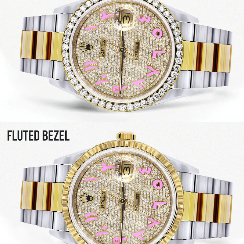 Diamond Gold Rolex Watch For Men 16233 | 36Mm | Custom Pink Arabic Full Diamond Dial | Oyster Band