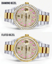 Diamond Gold Rolex Watch For Men 16233 | 36Mm | Custom Pink Arabic Full Diamond Dial | Oyster Band