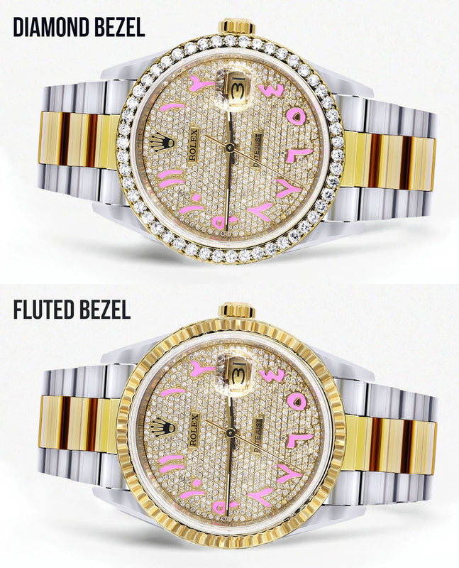 Diamond Gold Rolex Watch For Men 16233 | 36Mm | Custom Pink Arabic Full Diamond Dial | Oyster Band