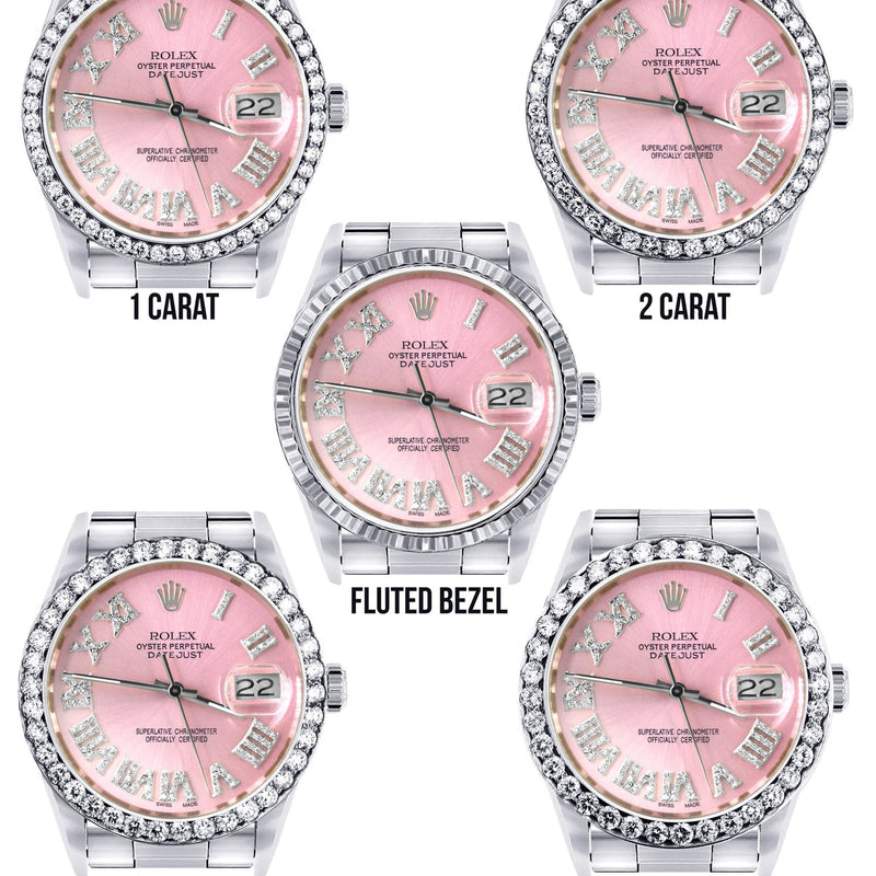 Diamond Mens Rolex Datejust Watch 16200 | 36Mm | Light Pink Roman Numeral Dial | Oyster Band