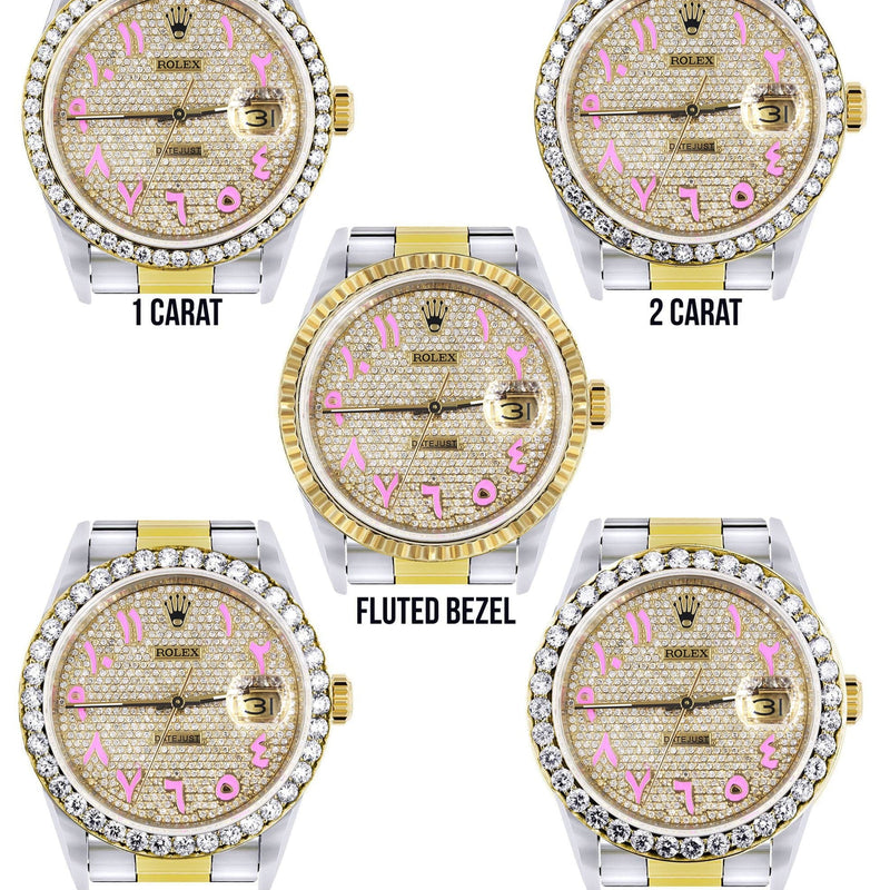 Diamond Gold Rolex Watch For Men 16233 | 36Mm | Custom Pink Arabic Full Diamond Dial | Oyster Band