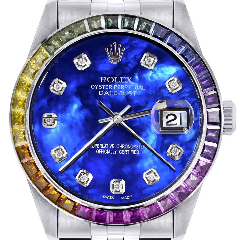 Diamond Gold Rolex Watch For Men 16200 | 36Mm | Rainbow Sapphire Bezel | Blue Mother Of Pearl Dial | Jubilee Band