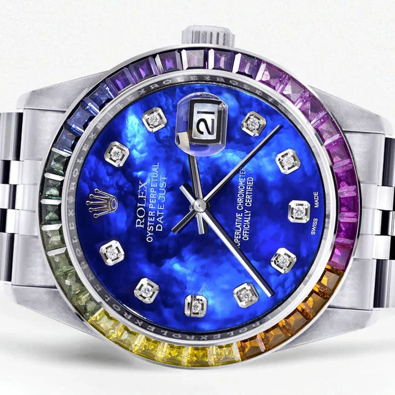 Diamond Gold Rolex Watch For Men 16200 | 36Mm | Rainbow Sapphire Bezel | Blue Mother Of Pearl Dial | Jubilee Band