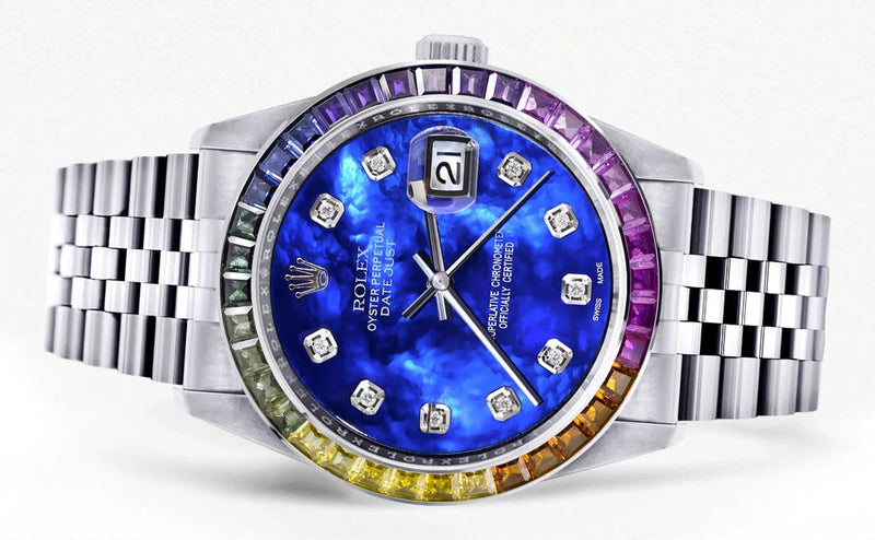 Diamond Gold Rolex Watch For Men 16200 | 36Mm | Rainbow Sapphire Bezel | Blue Mother Of Pearl Dial | Jubilee Band