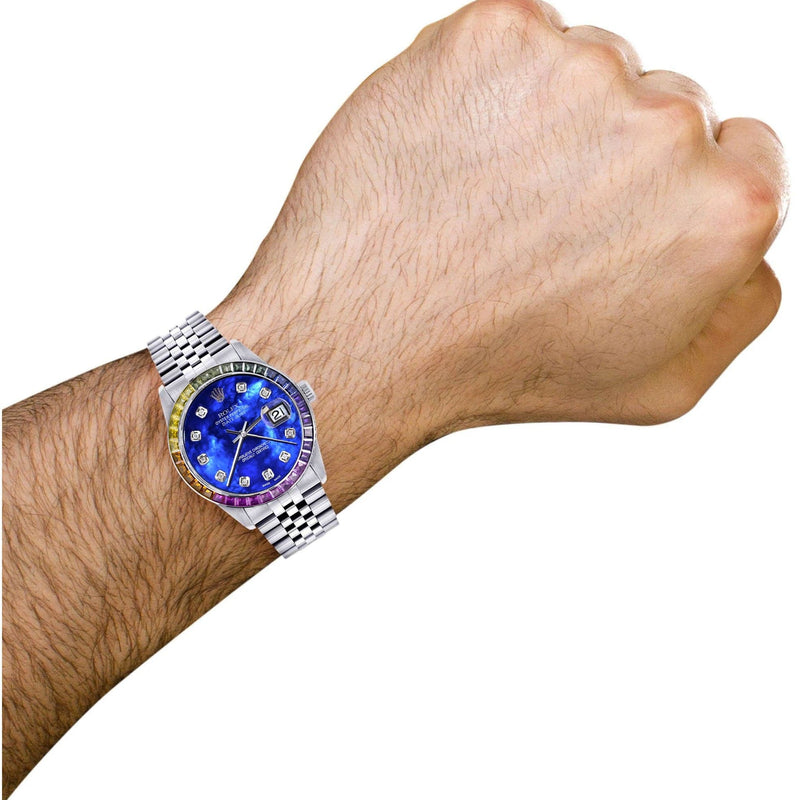 Diamond Gold Rolex Watch For Men 16200 | 36Mm | Rainbow Sapphire Bezel | Blue Mother Of Pearl Dial | Jubilee Band